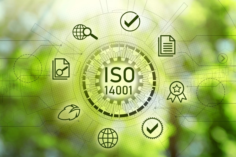 International Organization for Standardization (ISO 14001). Different virtual icons on blurred green background